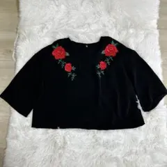 DIVIDED (H&M) ブラック クロップドTシャツ L✨花の刺繍が可愛い❤️