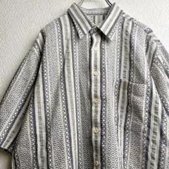 レトロ 古着 シャツ 総柄 柄シャツ 刺繍 ストライプ デザインシャツ シワ加工