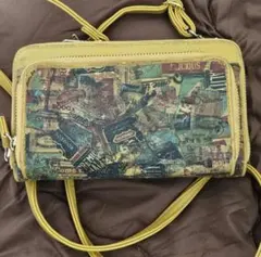 長財布 ハンドメイド デザインペーパー 肩掛け紐付き 大容量 黄色 コラージュ
