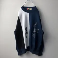 【90s】マルチ 切り替え 刺繍 スウェット L ネイビー 短丈 グランジ