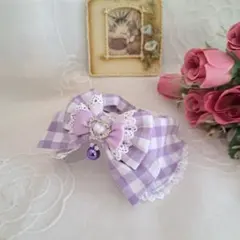 パープルギンガムチェック、わんちゃん猫ちゃん用襟付き首輪