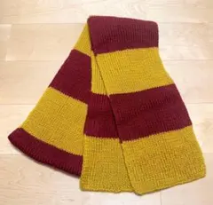 ウール毛糸 バイカラーボーダー手編みマフラー マスタード×真紅 男女兼用 赤 黄