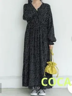 COCAランダムドット柄カシュクールロングワンピース　大きいサイズOK
