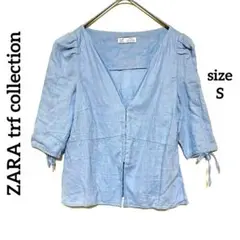 ザラZARA trf コレクション 五分袖シャツブラウスS リボン　パフスリーブ