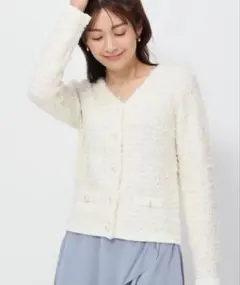 ノーカラージャケット ツイード風 ペーパーヤーンツイードニットジャケット