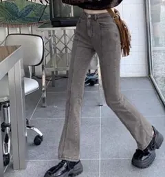 ハイウエストフレアデニムパンツ グレー