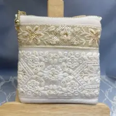 ヌビキルト10センチファスナー　インド刺繍フラットポーチ