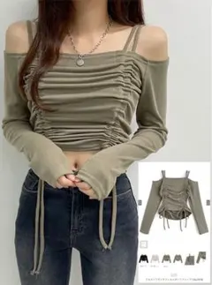 GRL ドロストリボンオフショルダーリブトップス