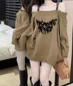 Y2k グランジ　オフショル　ダメージ加工ニットワンピース　ベージュ