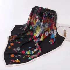 上品　花柄刺繍 シルク風スカーフ 大判