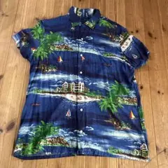 美品 90s ポロラルフローレン アロハシャツ ハイビスカス柄 開襟 青 M