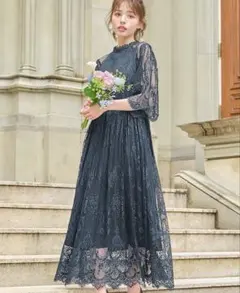 【GIRL】ハイネック5分袖総レースミモレ丈結婚式 ワンピース パーティードレス