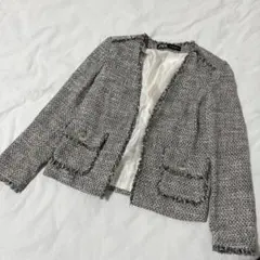 ZARA ツイード ノーカラー ジャケット フリンジ ブラック ホワイト ザラ