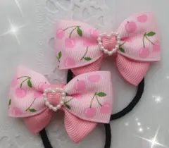 ハンドメイド リボン ヘアゴム キッズ さくらんぼ ピンク