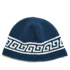 クラッシャーハット　クロシェハット　ニット帽雷紋柄　ブルー×ホワイト