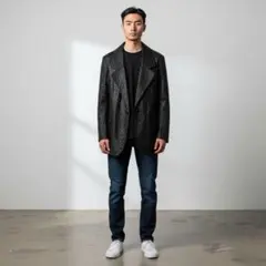 ico6 希少革　高級ペッカリー革ロングテーラードジャケット　アニマル柄　F