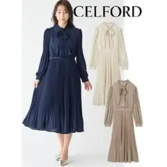 【美品】セルフォード ボウタイ プリーツ ワンピース ネイビー シフォン 入学式