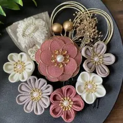 つまみ細工 髪飾り 成人式 卒業式 前撮り くすみピンク系 【342】
