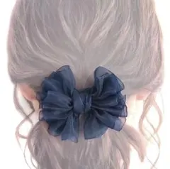【再販3】♡ドレスリボン♡オーガンジーのフリルいっぱいのヘアゴム（ネイビー）