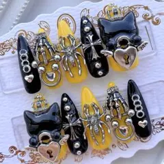 ネイルチップ 量産型 地雷 サブカル 天使界隈 黄 黒 猫 蜘蛛 ピアス ハート