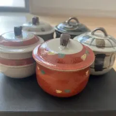 陶器製 蓋つき茶托つき　木製スプーンつき　茶碗蒸し椀 5個セット