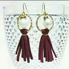 タッセルピアス♥リボンコットンパール風✨ダークレッド