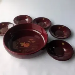 菓子鉢と茶托5枚セット 溜塗 菊蒔絵 漆器 菓子器☆未使用品〈139〉