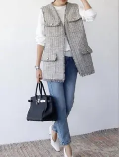 お値引き ELFRANK ツイードベスト ホワイト ブラック 金ボタン ジレ