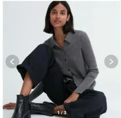 ユニクロ　エクストラファインメリノリブポロカーディガン　グレーL