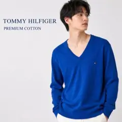 美品 TOMMY HILFIGER Vネック 薄手ニット XL 青 メンズ 長袖のサムネイル