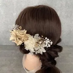 卒業式　結婚式　髪飾り　かすみ草×紫陽花 ブラウンプリザーブドフラワー