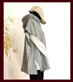 新品 ゆったりサイズノースリーブパーカー フーディスウェットベスト/杢グレーLL