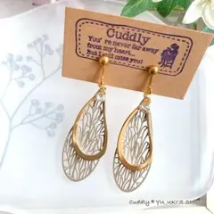 ハンドメイド＊透かしブラウンドロップとメタルプレート和風イヤリング＊ピアス変更可