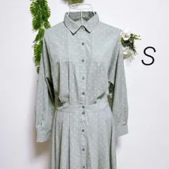 GUジーユー・長袖シャツワンピース S グリーン ドット柄 薄手