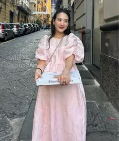 バブルスリーブジャガードドレス　ピンク　Mサイズ