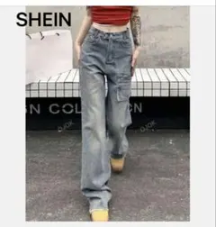 ハイウエストウォッシュドワイドレッグジーンズ ミディアムウォッシュブルーMサイズ