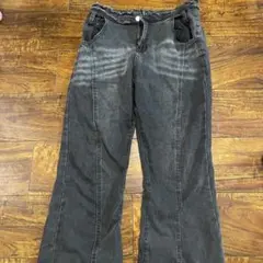 ダークグレー ハイウエスト ワイドレッグデニム