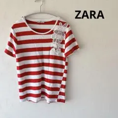 ZARA 赤と白のストライプ 刺繍　半袖Tシャツ M