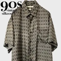 90s ヴィンテージ シルクシャツ オーバーサイズ 幾何学柄 ダイヤ柄 XL