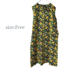 フリーサイズ　美品✨ノースリーブロングワンピ　ウエスト紐　花柄　派手色　夏コーデ