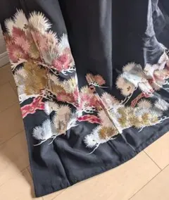 着物留袖リメイク 萬壽染 落款 花と風景 長袖ワンピース シルク リボン