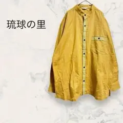 美品 琉球の里 かりゆしウェア LL 大きめ ノーカラーシャツ 日本製 綿 沖縄