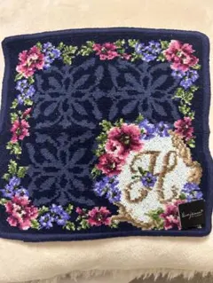 花柄刺繍タオルハンカチ ネイビー