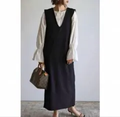 【 each イーチ 】Vネックロングジャンスカ ロングワンピース ブラック