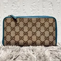 良品　GUCCI GGキャンバス ターコイズブルー　ラウンドファスナー　長財布