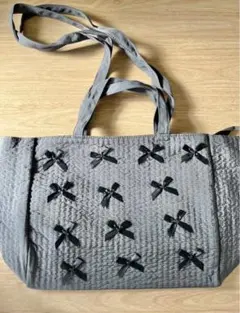 リボン　グレー マザーズバッグ　ヌババック　保育園バック　エコバッグ