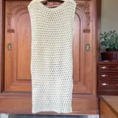 クリーム色 メッシュ編み ノースリーブチュニック