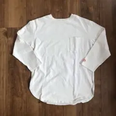 Java ホワイト 長袖Tシャツ 厚手　胸ポケット　ラウンドカット　スリット