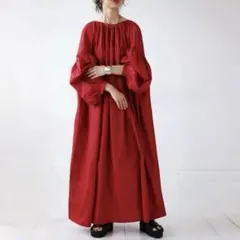 レッド 2WAY ワンピース ボリュームスリーブ ゆったり