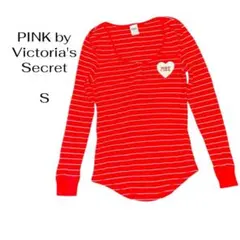 ヘンリーネック Tシャツ Sサイズ 赤白ボーダー ハートロゴ サーマル